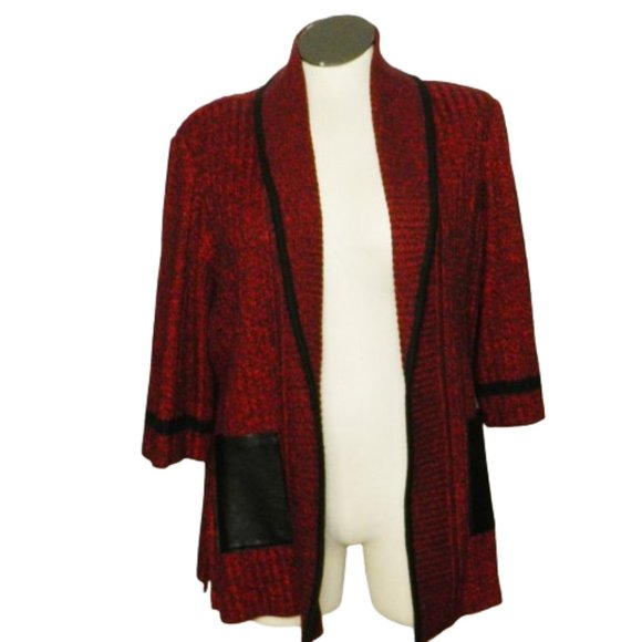 Ming Wang $270 52324 Dub Red & Black Ribbed Knit Open Cardigan Sz 0X NWT ! - Picture 1 of 5